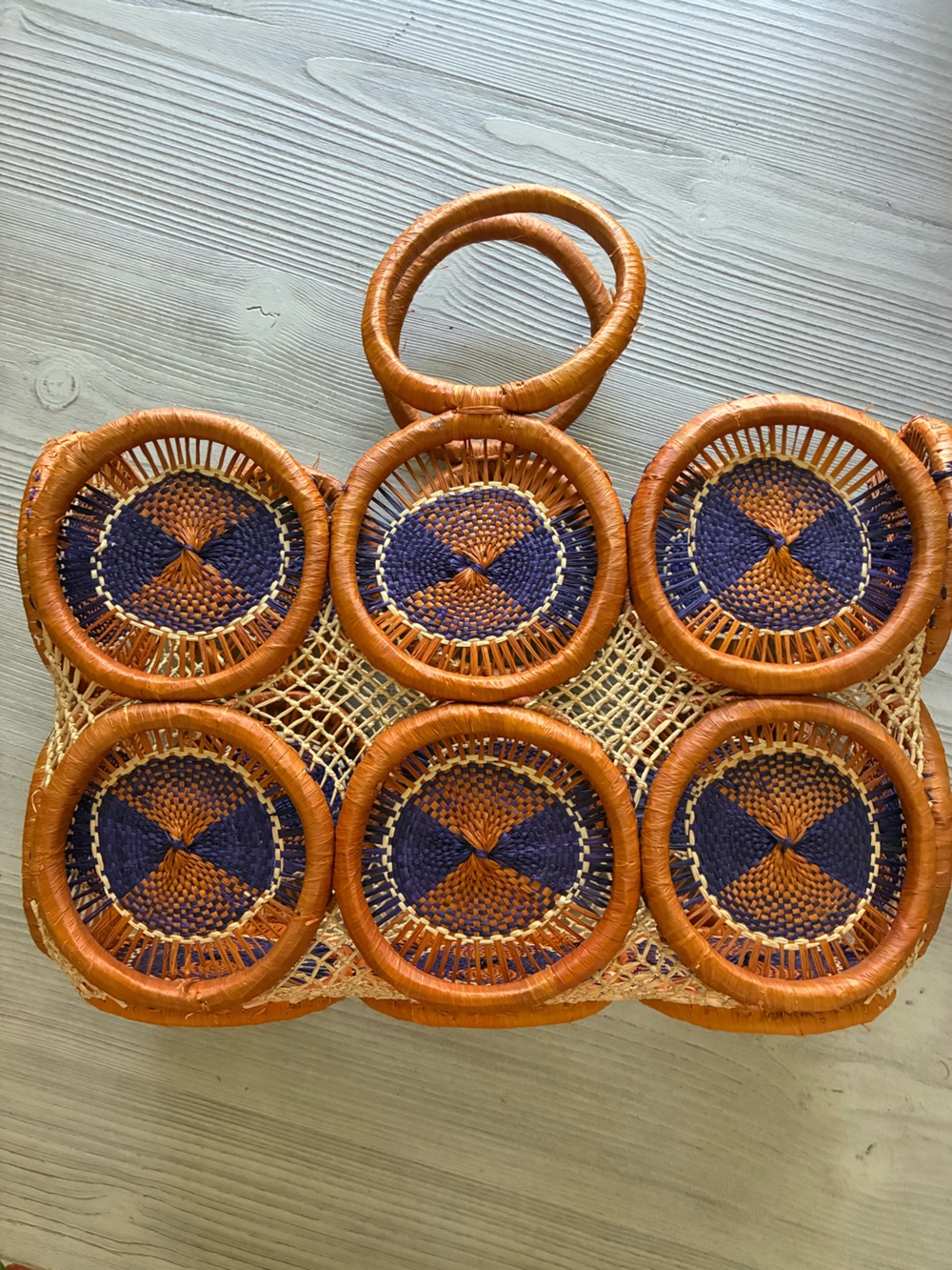 Handwoven Blueish Purple and Orange Rafia Loop Market Bag - Picture 1 of 5